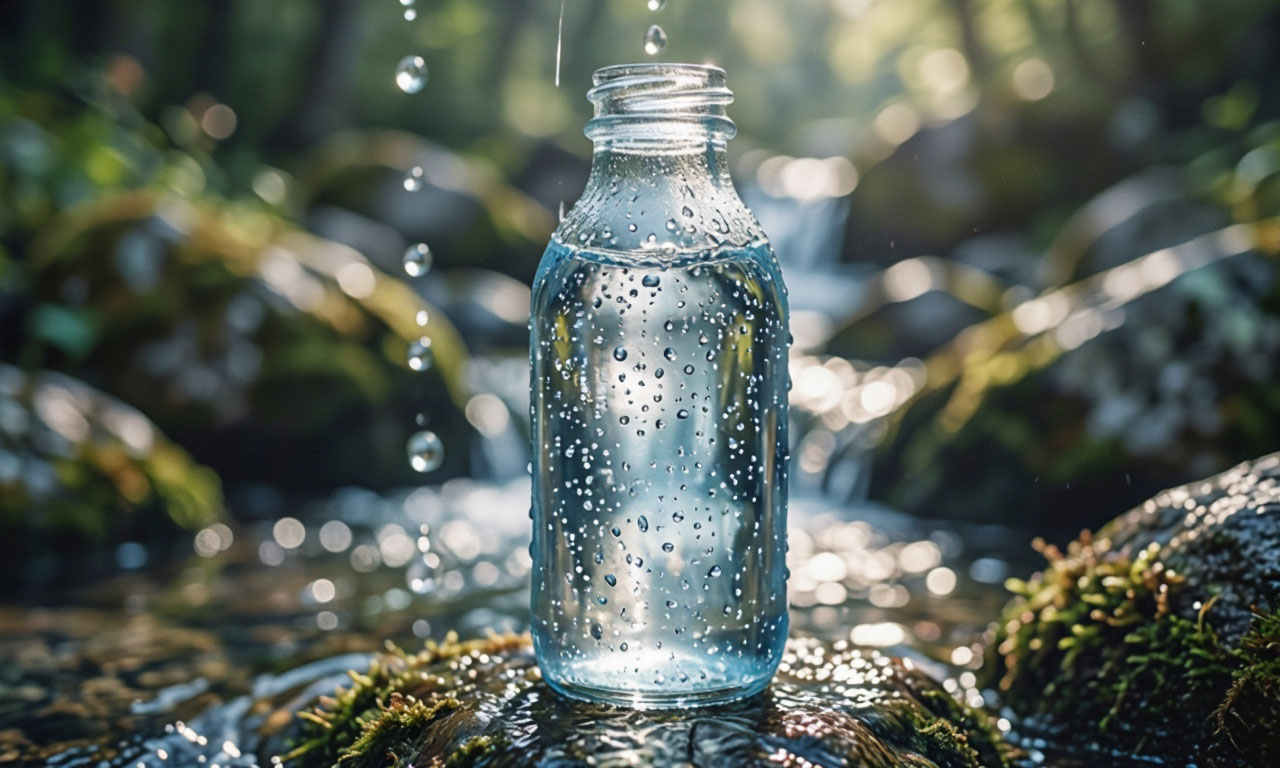 Бутылка природной воды среди полевых цветов